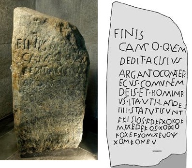 Boundary stone written in Gallo-Etruscan (150 × 70 × 20 cm) found in 1960 on the banks of the River Sesia. Probable date: 1st c. AD. Held in the Camillo Leone Museum in Vercelli.